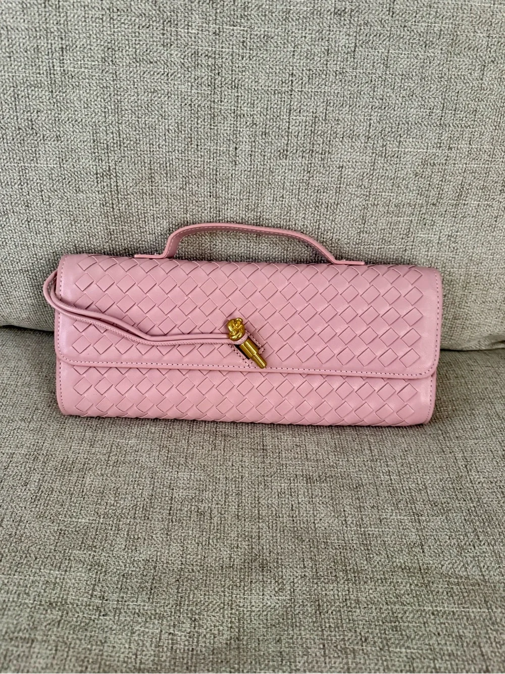 Pink Woven Leather Top-Handle Clutch